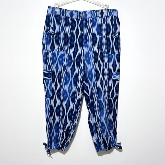 Chicos Zenergy Womens Cinch Leg Cropped Pants Sz 0 US S Blue Ikat Print Workout - Picture 2 of 9